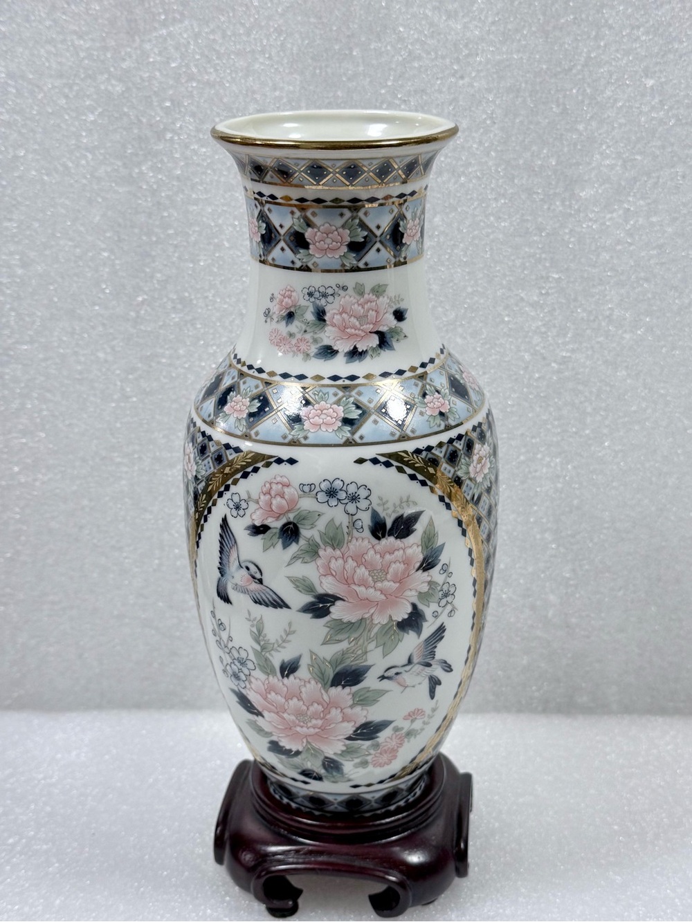 Japanese Vase Regal Tile Blue Gold Trim Accents Pink & Blue Flowers/Bird